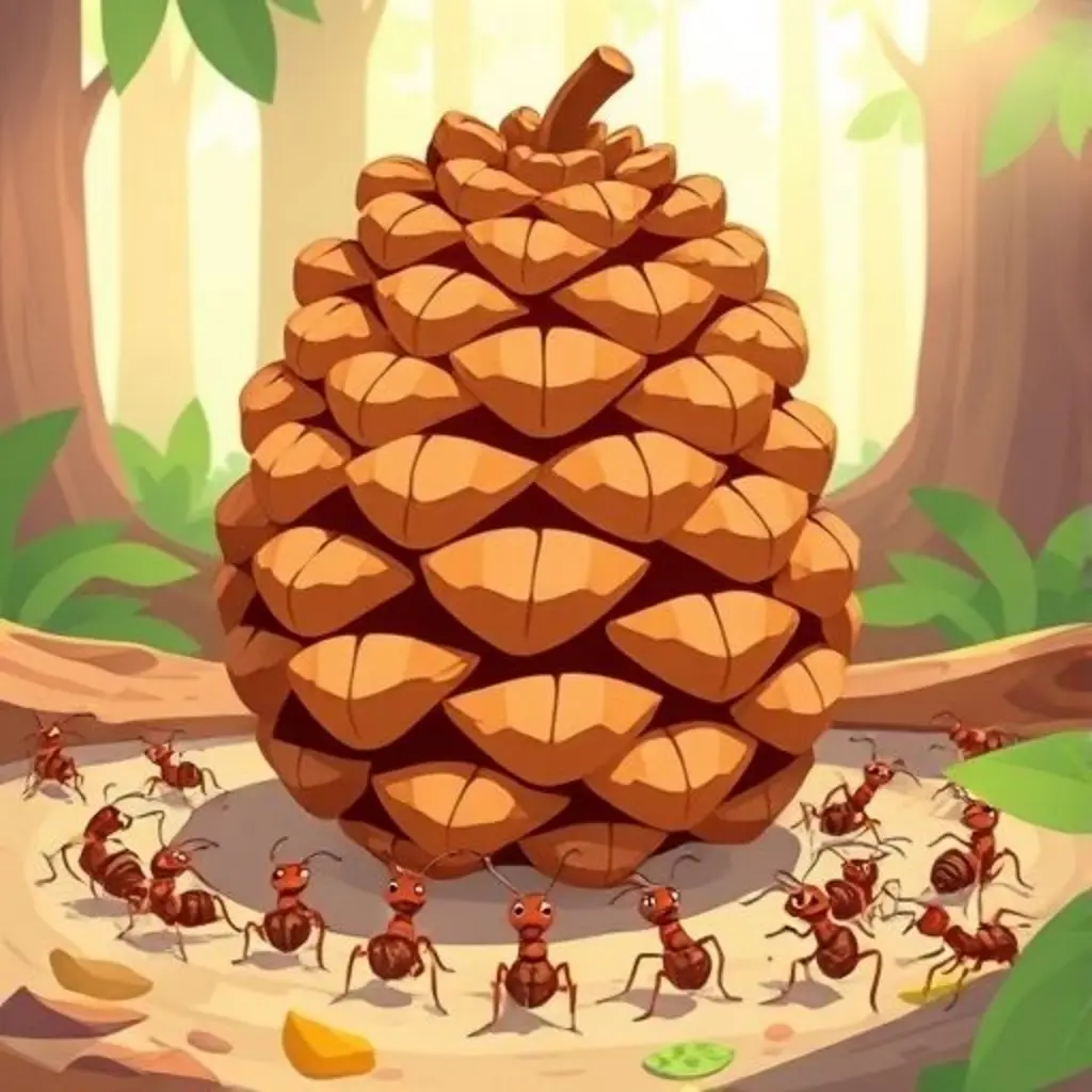 Piny la piña de vuelta en el bosque, escribiendo para muchas hormigas.