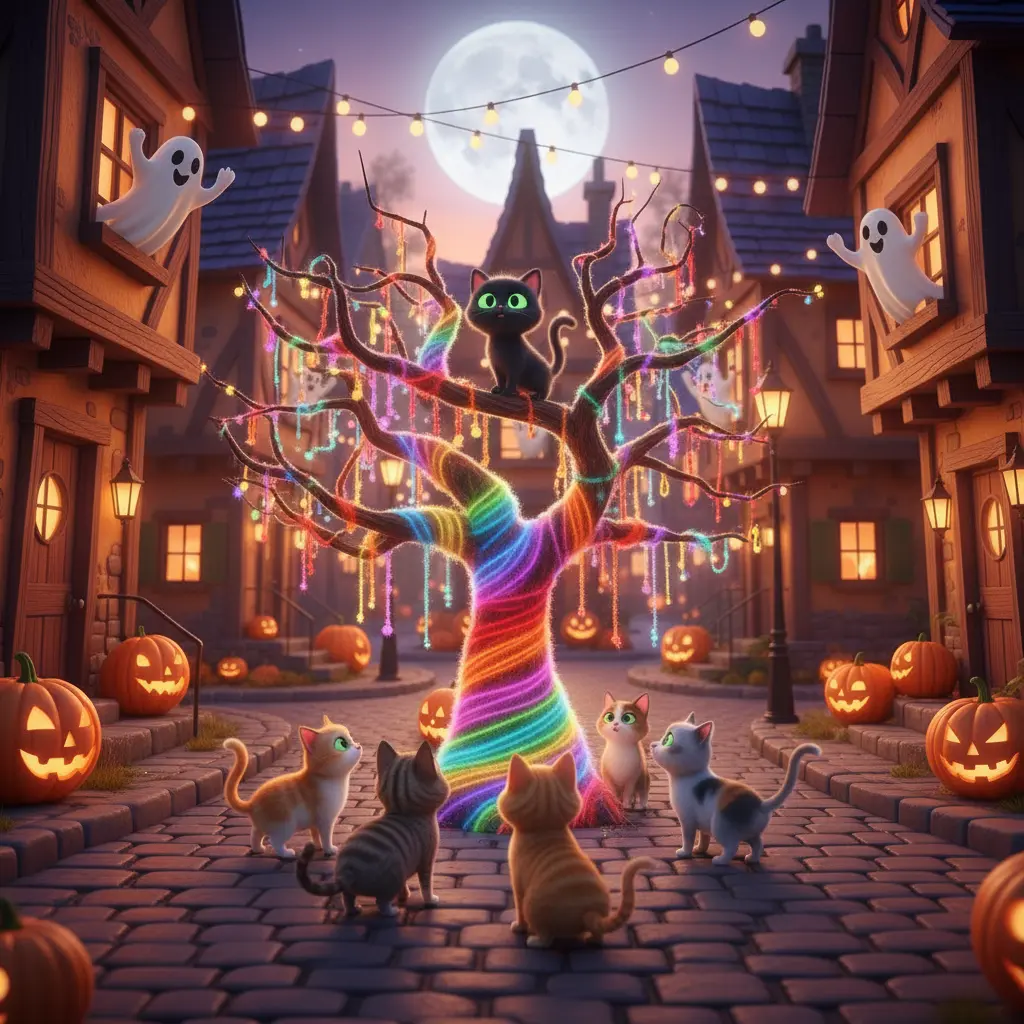 Un árbol oscuro transformado en un arcoíris peludito por lanas de colores, iluminado por la luna, con Carboncito y otros gatos mirándolo asombrados.