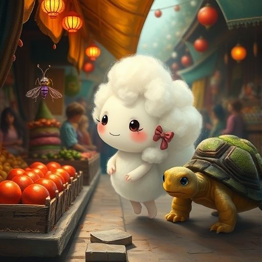 Podom, la luciérnaga Lila y la roca-tortuga Rolo intentan alcanzar las bolitas rojas en el mercado.