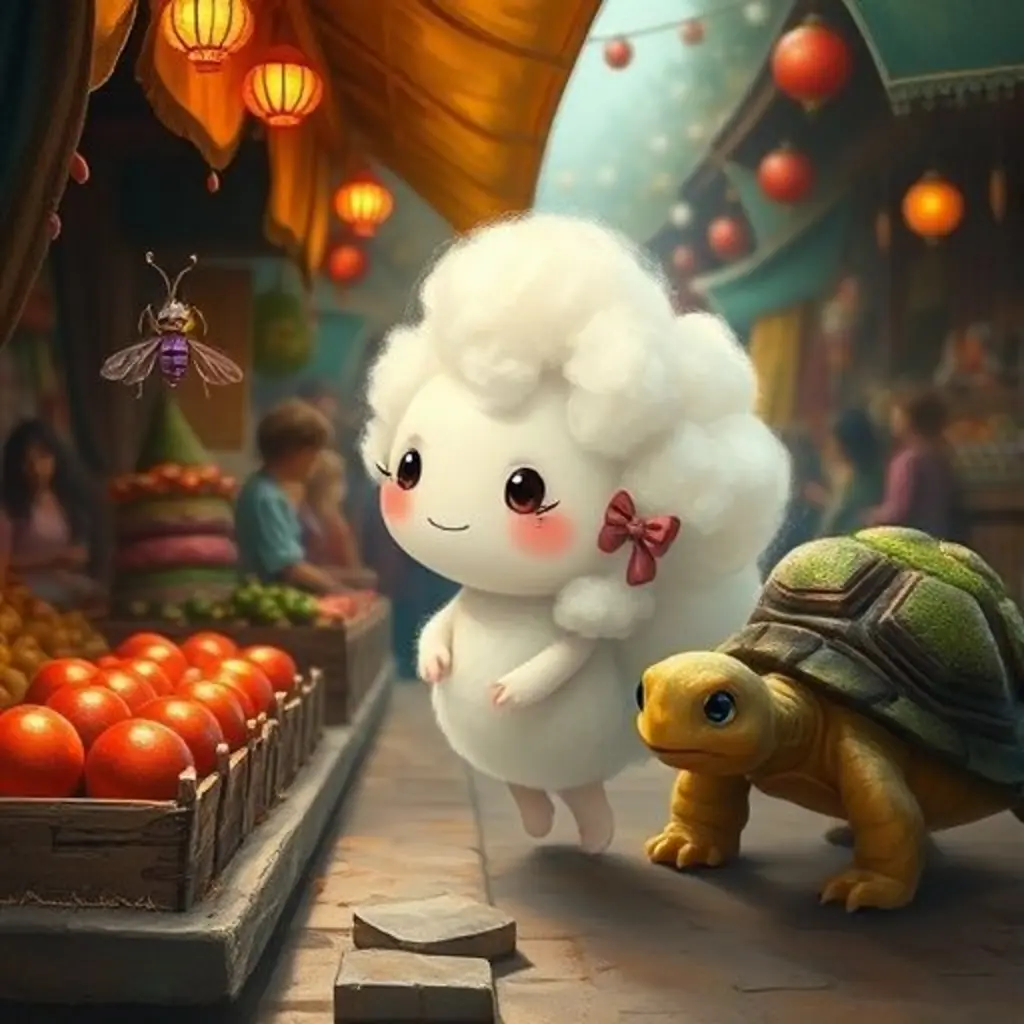 Podom, la luciérnaga Lila y la roca-tortuga Rolo intentan alcanzar las bolitas rojas en el mercado.