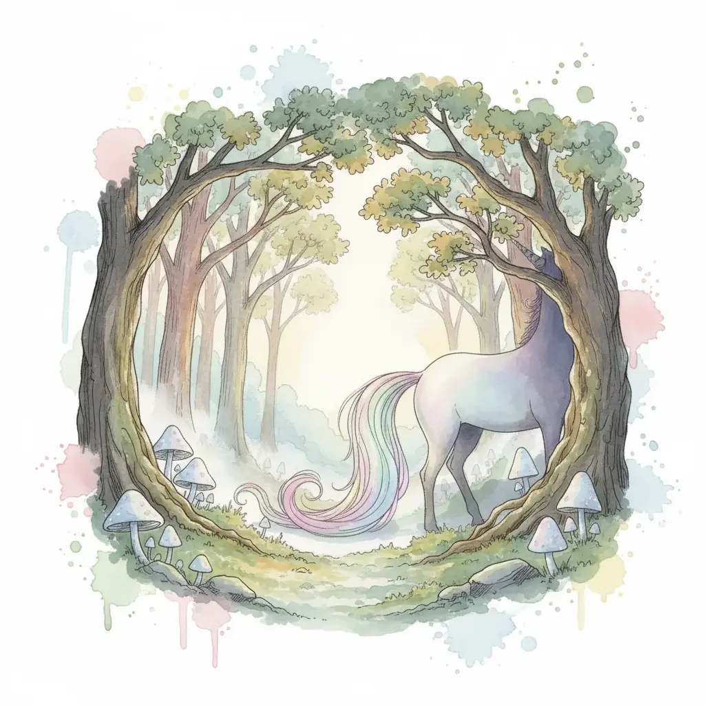 Una cola larga y de colores pastel asoma entre la niebla en un bosque mágico.