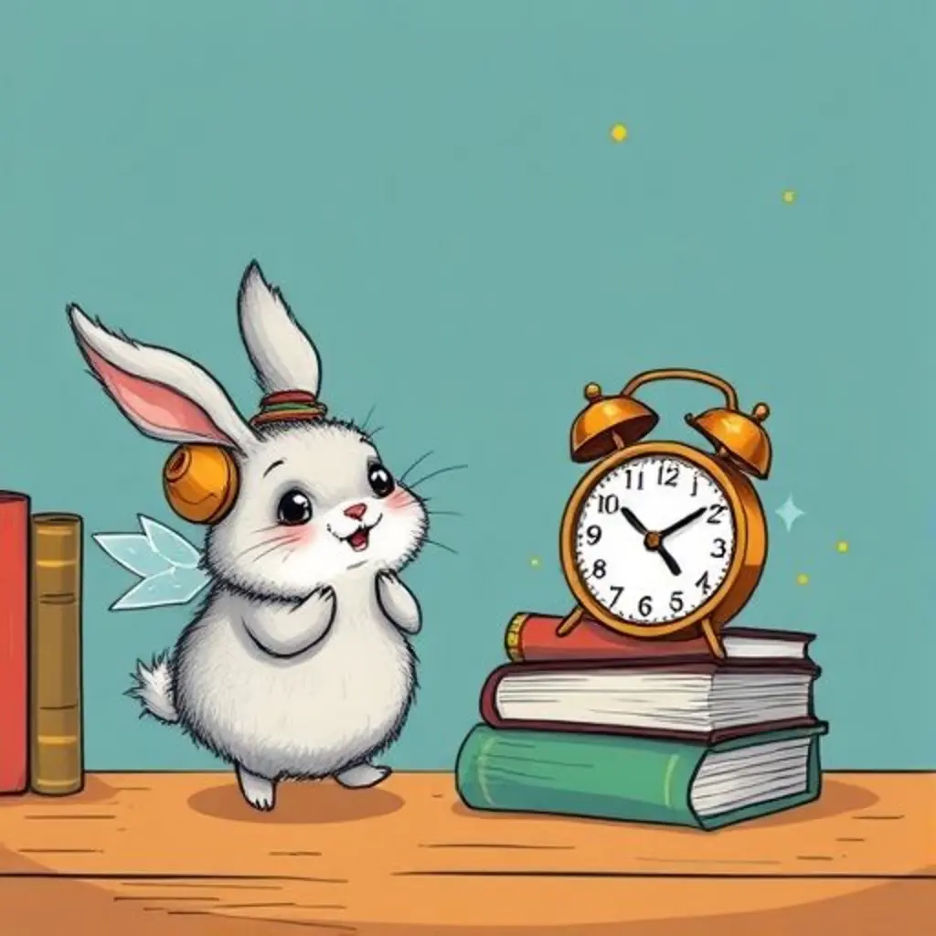 Molín contento junto a un despertador antiguo que suena con alegría en el rincón secreto.