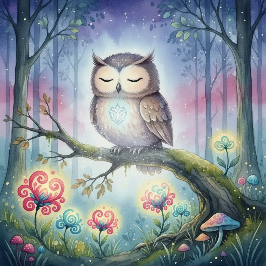 Plumerito canta suavemente, y una luz plateada brota de su pecho, iluminando las flores.