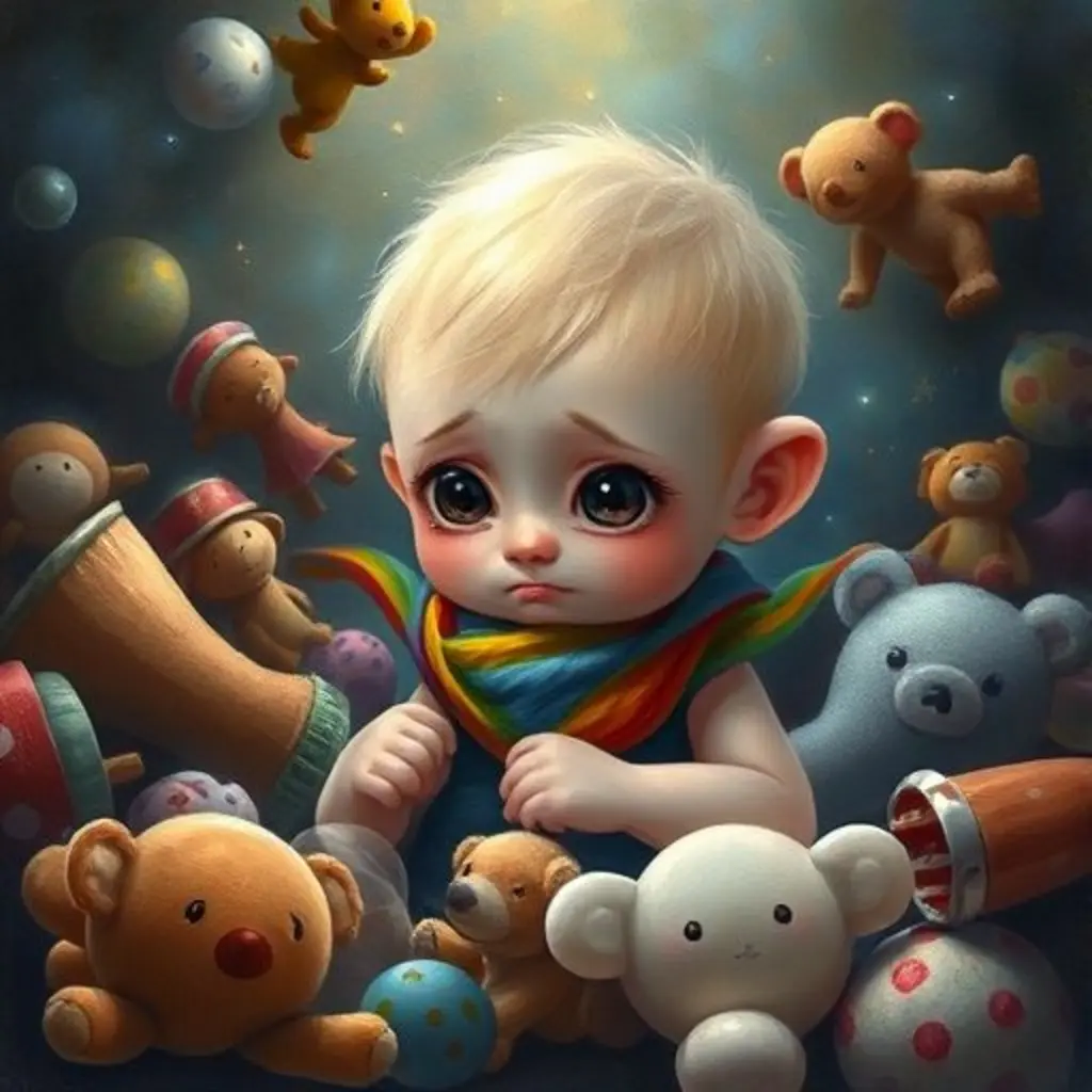 Un Pequeño Secreto mira preocupado un osito triste en un sueño desordenado.