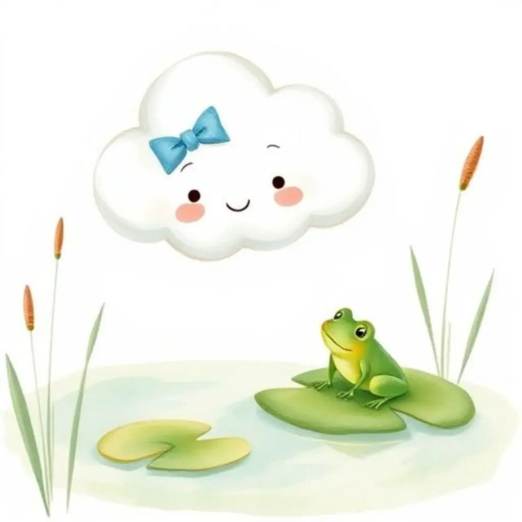 Nimbus flotando sobre un estanque, observando una ranita verde en una hoja de nenúfar.