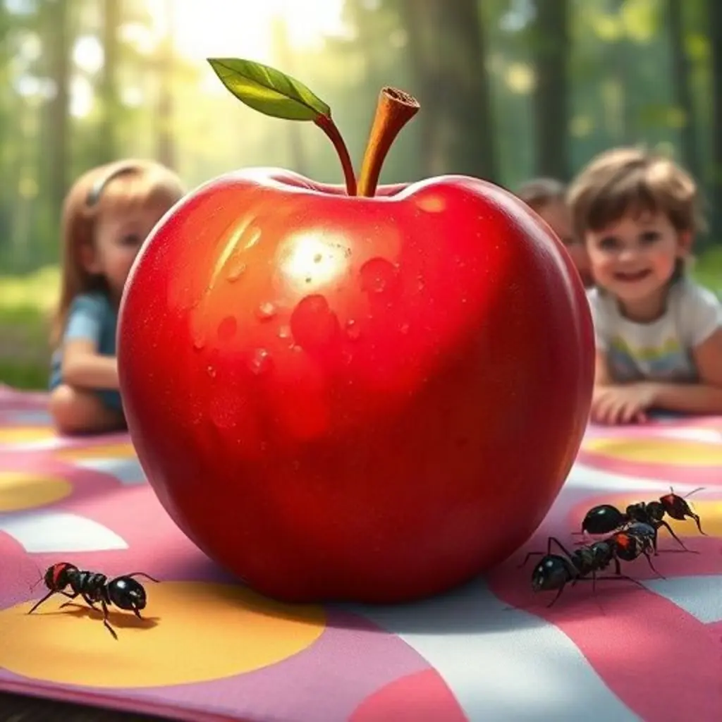 Pepita la manzana en un picnic con niños y sus amigas hormigas.