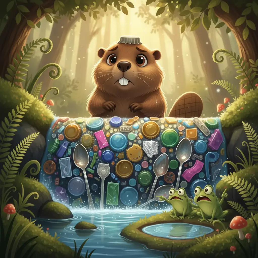 Copito triste junto a su presa, mientras unas ranas preocupadas señalan un riachuelo secándose.