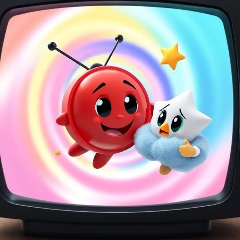 Canal cae en un torbellino de colores dentro de la TV y se encuentra con una pequeña estrella brillante y tímida.