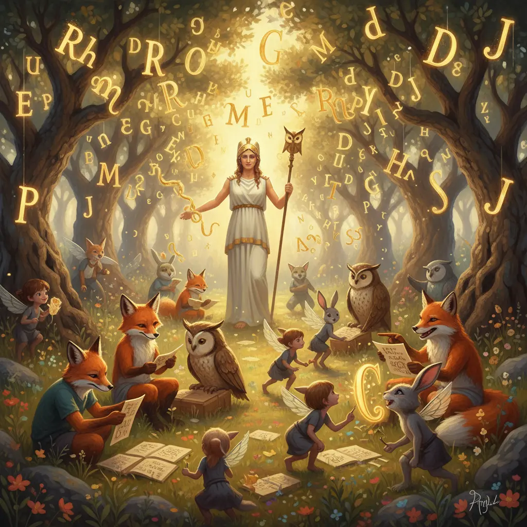 El olivar está lleno de criaturas aprendiendo y jugando con las rimas doradas, mientras Atenea sonríe satisfecha.