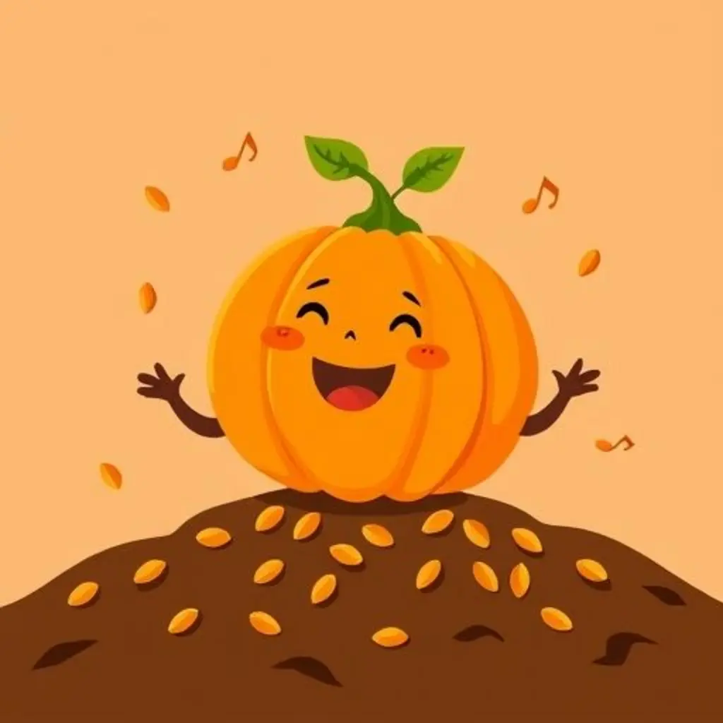 Calabacín Redondo canta alegremente mientras sus semillas caen a la tierra.