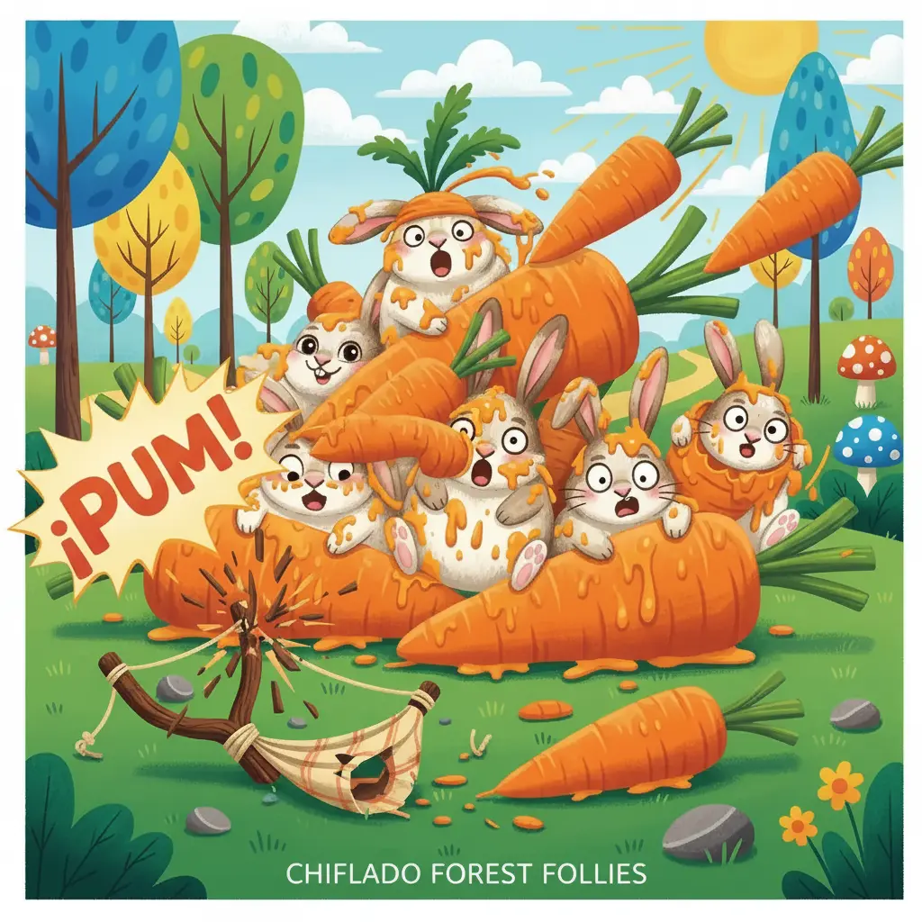 El tirachinas gigante se rompe y las zanahorias vuelan hacia los conejos.