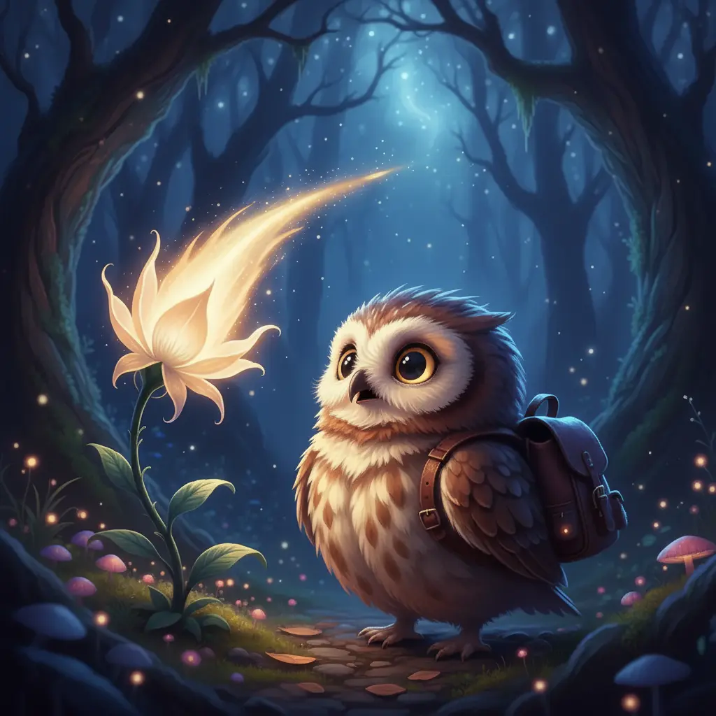 Nocturno, con una expresión de asombro, se para frente a la brillante Flor Cometa, que irradia una luz dorada en la noche.