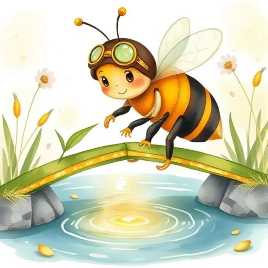 Zumbido construyendo un puente de hojas con cera sobre un charco.