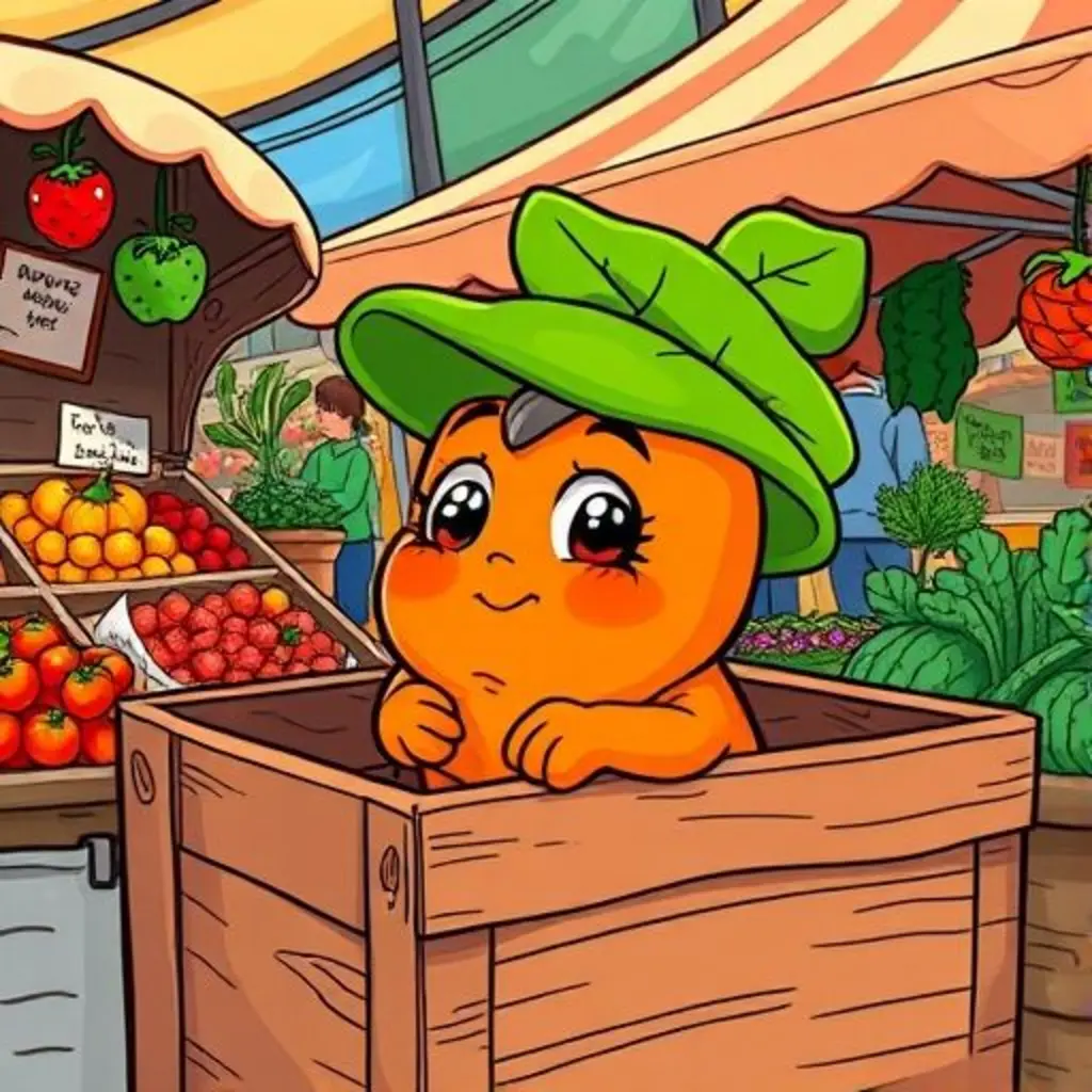 Carlota, una zanahoria rechoncha con sombrero de hojas, mirando curiosa desde su caja en el mercado.