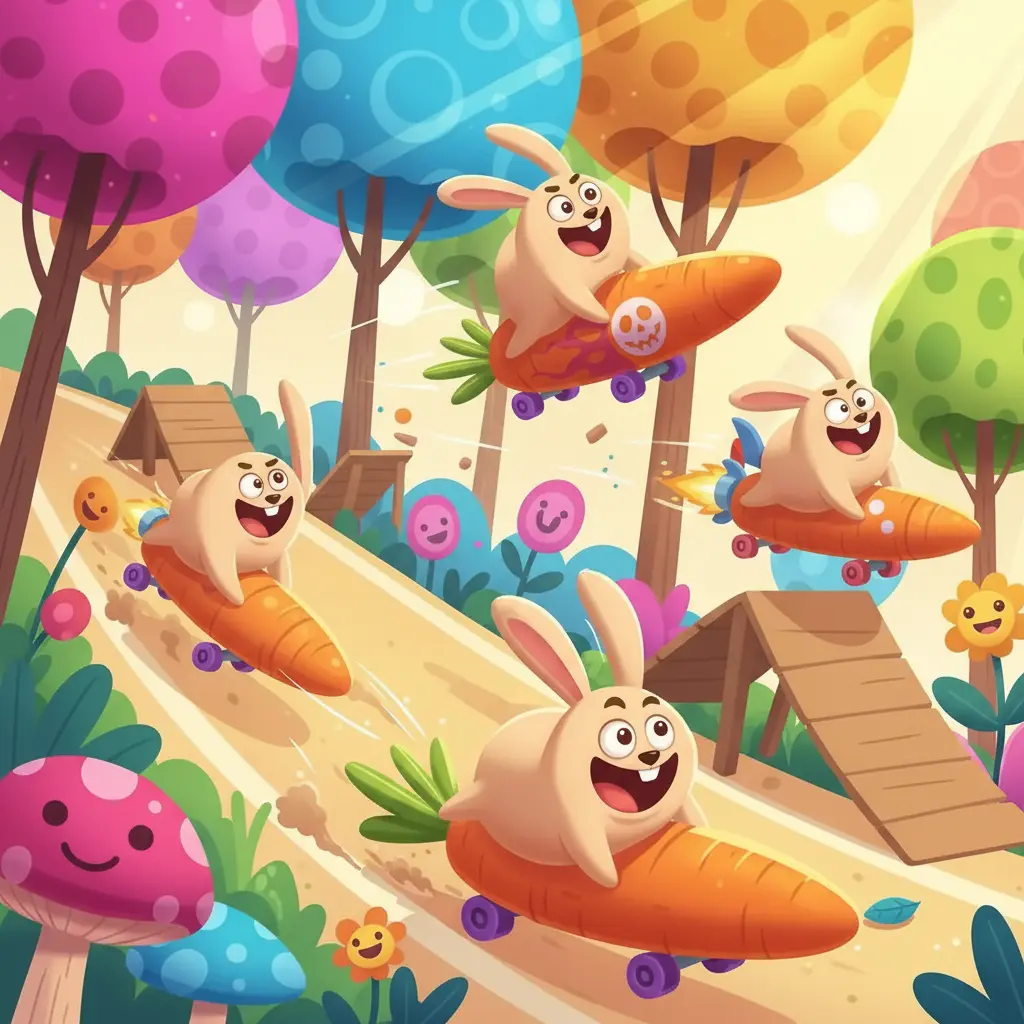 Los conejos ruedan y chocan con sus zanahorias, creando un alboroto divertido.