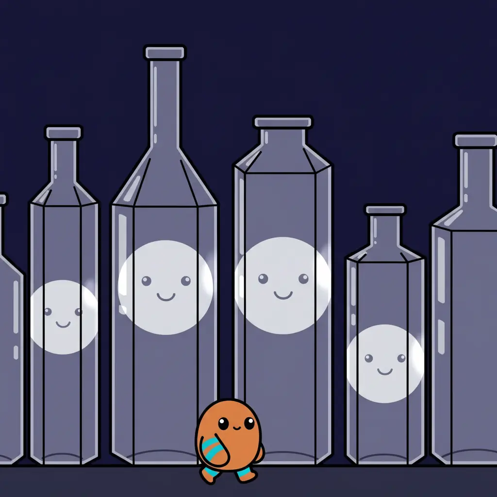 Gobo camina al lado de frascos de cristal altos que brillan bajo la luna.