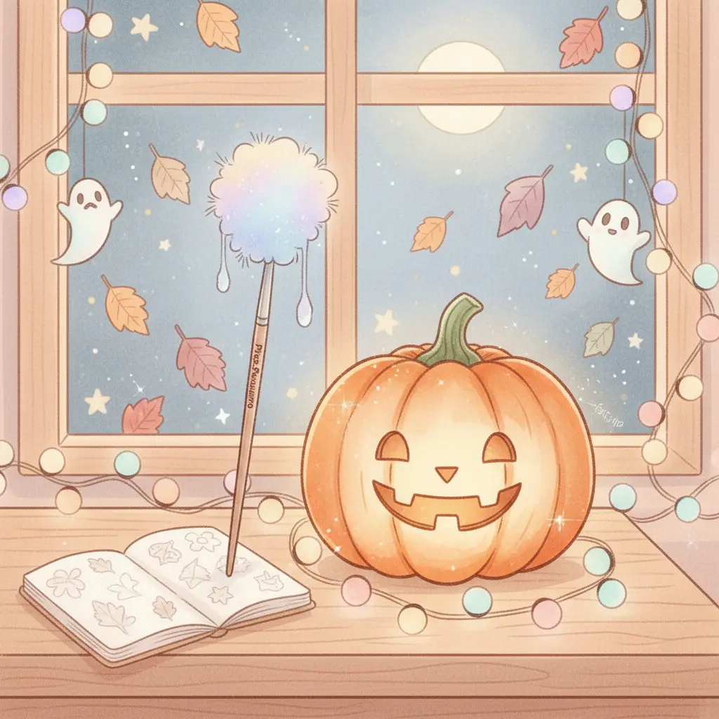 Pincel Susurro, un pincel delgado y triste, junto a un cuaderno y una calabaza sonriente en la víspera de Halloween.