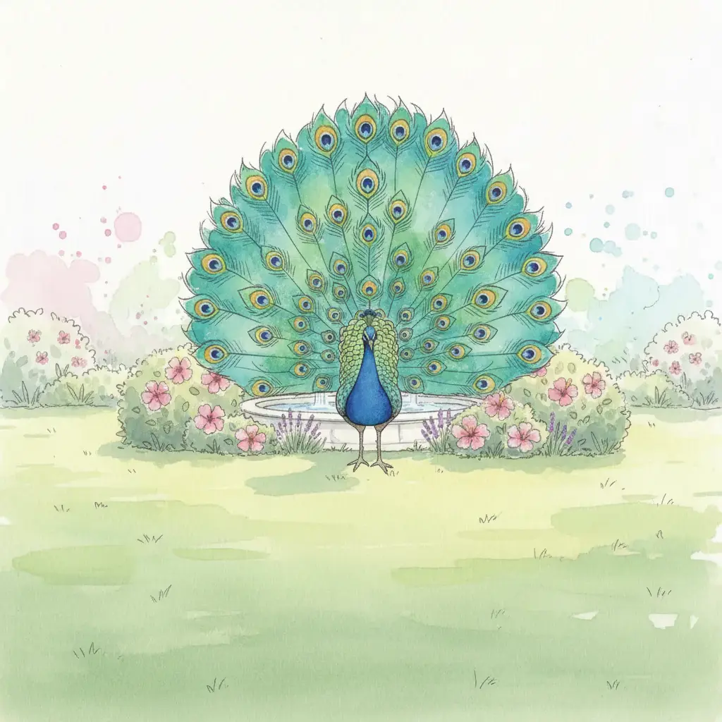 El pavo real abre su cola en un abanico gigante lleno de colores y dibujos circulares que parecen ojos.