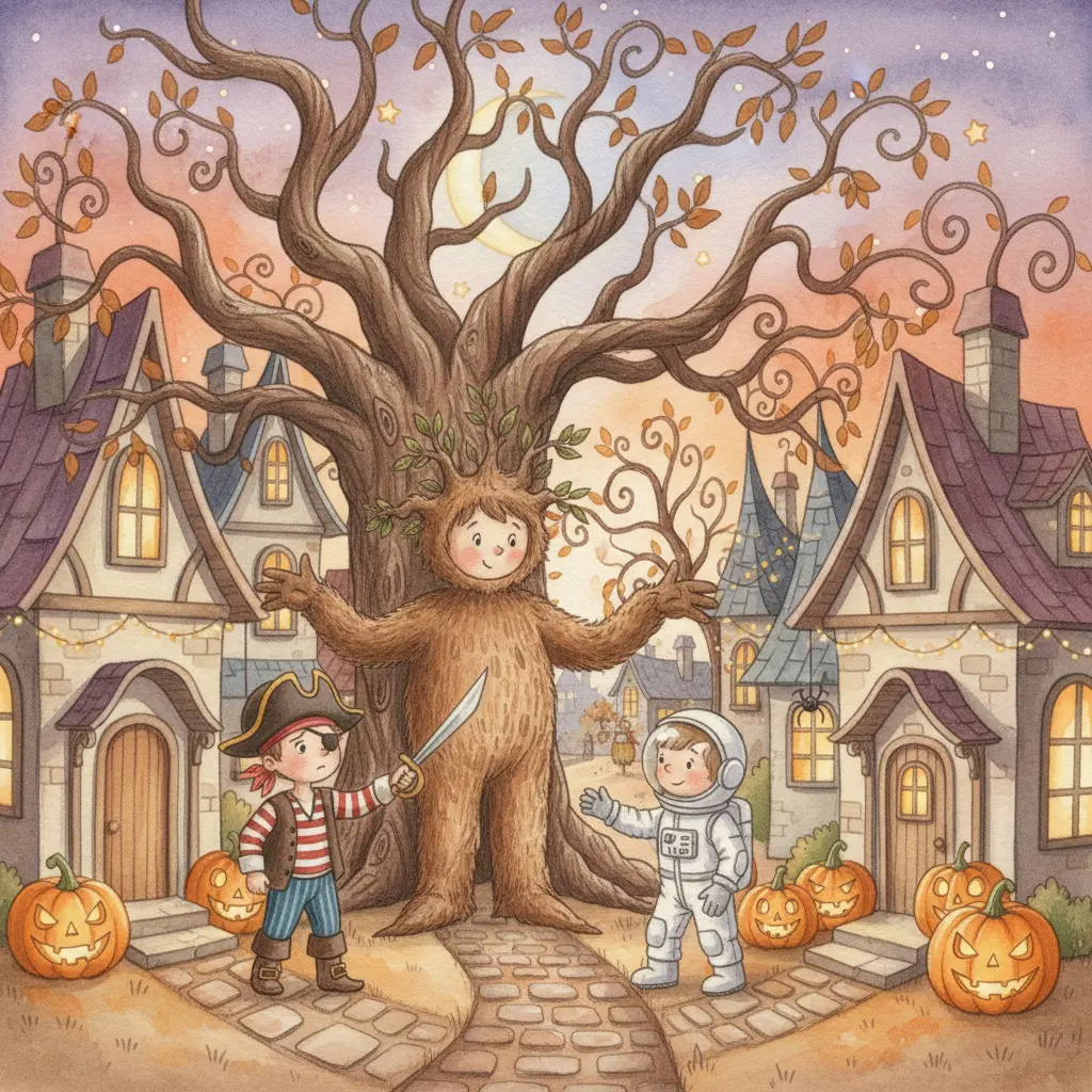 Peluchín disfrazado de árbol de abrazos bajo un roble, mientras dos niños disfrazados de pirata y astronauta se acercan con curiosidad.