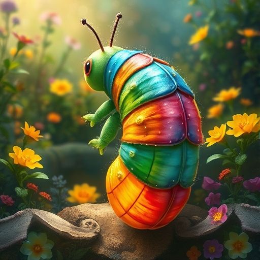 Rizos dentro de un capullo brillante con todos los colores del arcoíris en un jardín mágico.