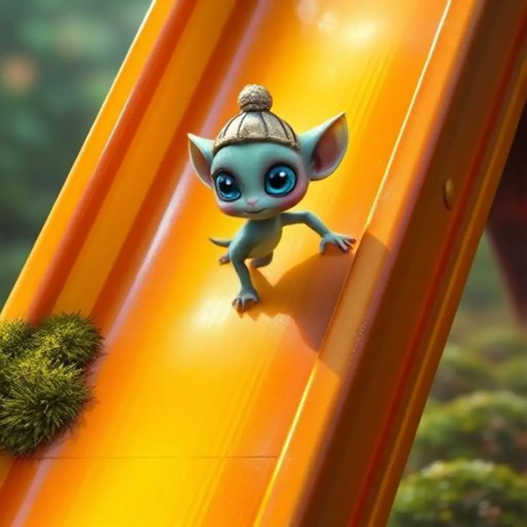 Nuno, el ser brillante, sube las escaleras del tobogán, sintiéndose un poco inestable pero decidido.