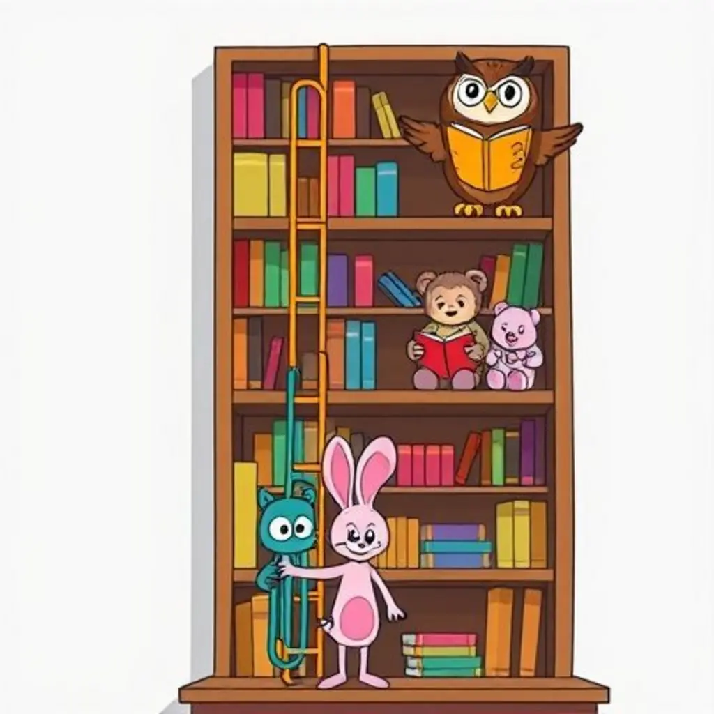 Los peluches leen felices en la estantería gracias a la escalera de clips.