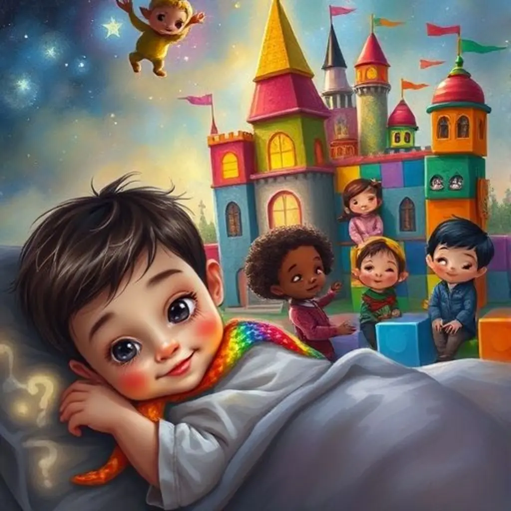 Un Pequeño Secreto susurra una pregunta mágica a un niño, mientras otros construyen un castillo colorido.