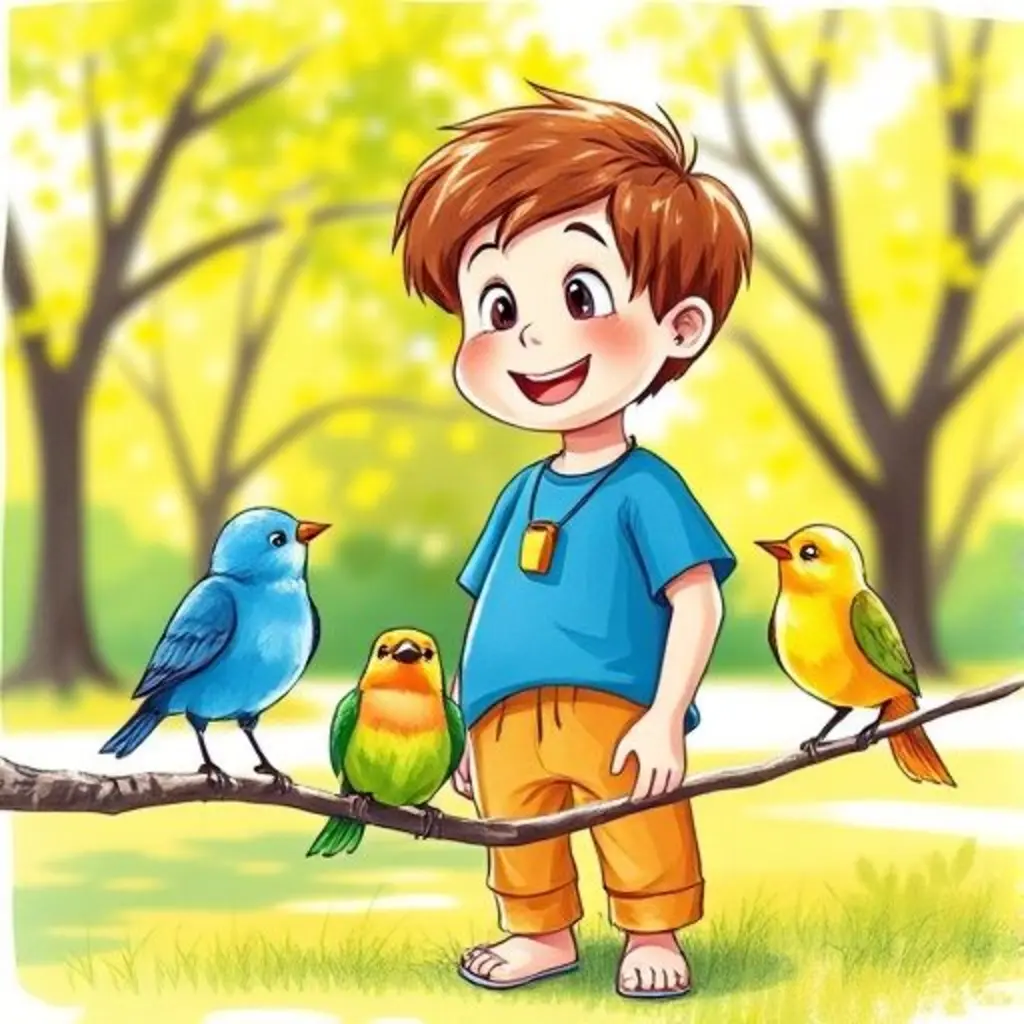 Tres pajaritos, azul, verde y amarillo, cantan cerca de Leo en el parque.