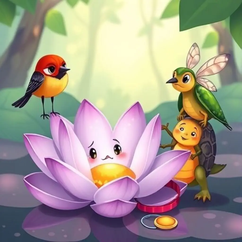 Liloa, la flor de loto, con pétalos algo tristes, escuchando a sus amigos animales explicarle sobre los objetos que encontró.
