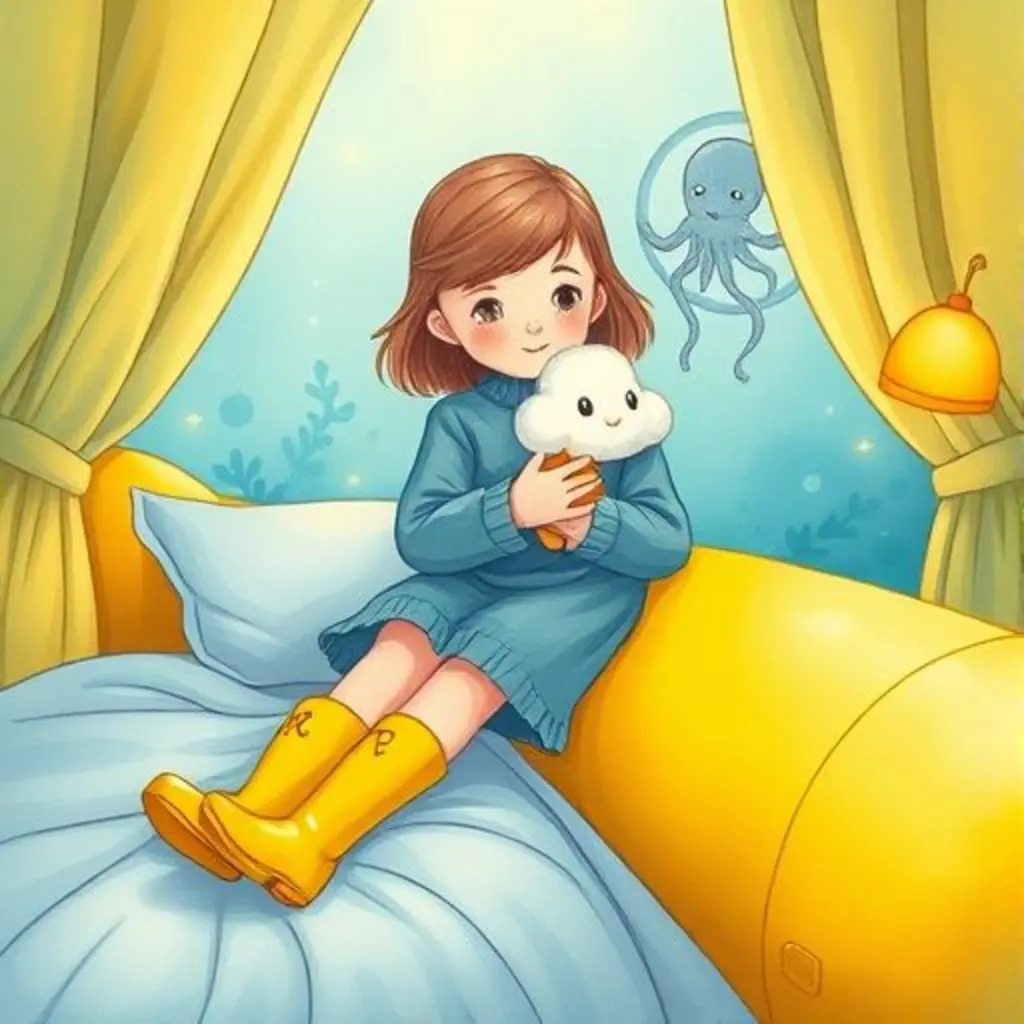 Lara y Nube en su cama-submarino imaginario