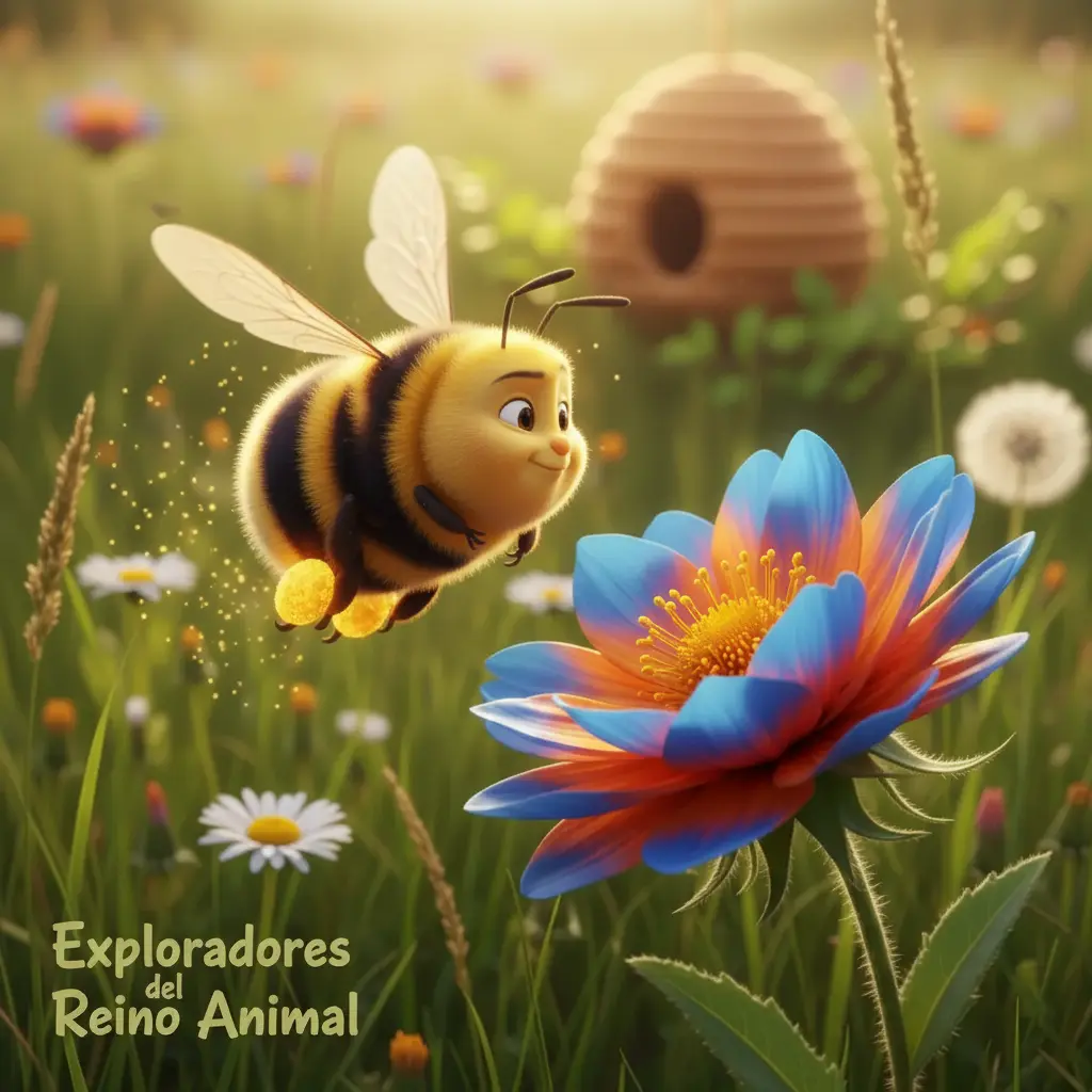 Zumbido vuela lejos de una flor, con sus patitas cargadas de polen dorado y dirigiéndose a su colmena.