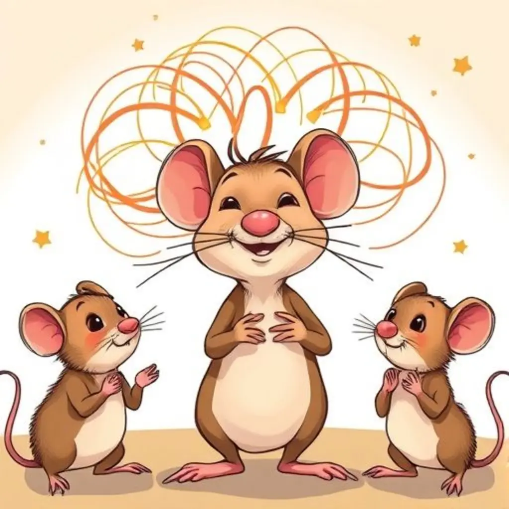 Ovillo Pelusa sonríe a un ratoncito mientras sus hilos forman una imagen de amistad, con otros ratones aplaudiendo.