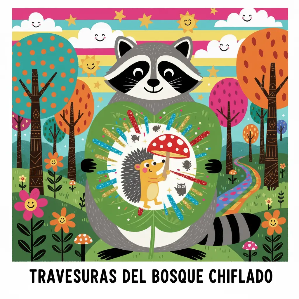 El mapache mira por el agujero y ve un erizo usando un hongo rojo como paraguas.