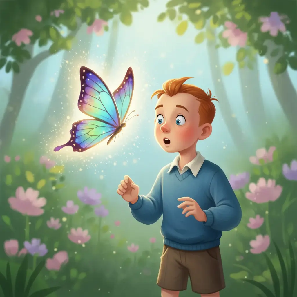 Tintín observa con asombro una mariposa brillante y mágica.