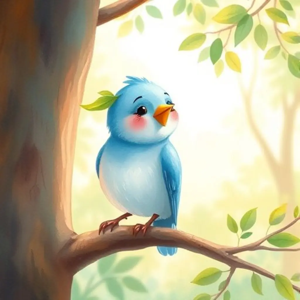 Pío, un pajarito azul, cantando en una rama del árbol.