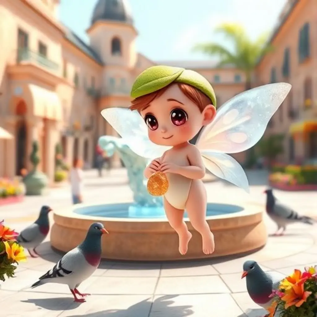 Copilín, un duende de estrellas, mira la fuente y las palomas en la plaza.