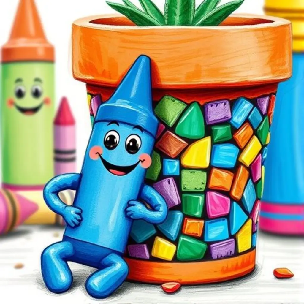Azulín, el crayón, feliz y orgulloso junto a una maceta de flores decorada con un mosaico de colores vibrantes.