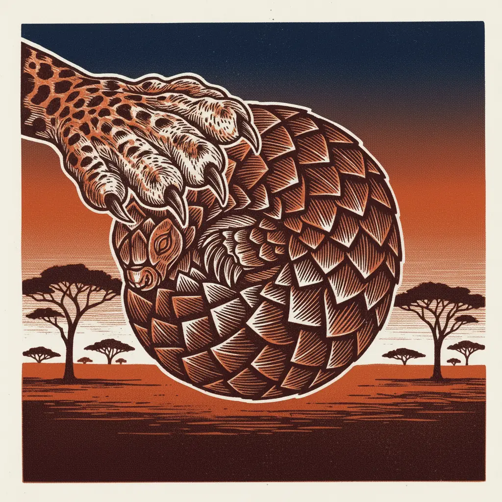 El pangolín convertido en una bola dura mientras un leopardo intenta tocarlo.