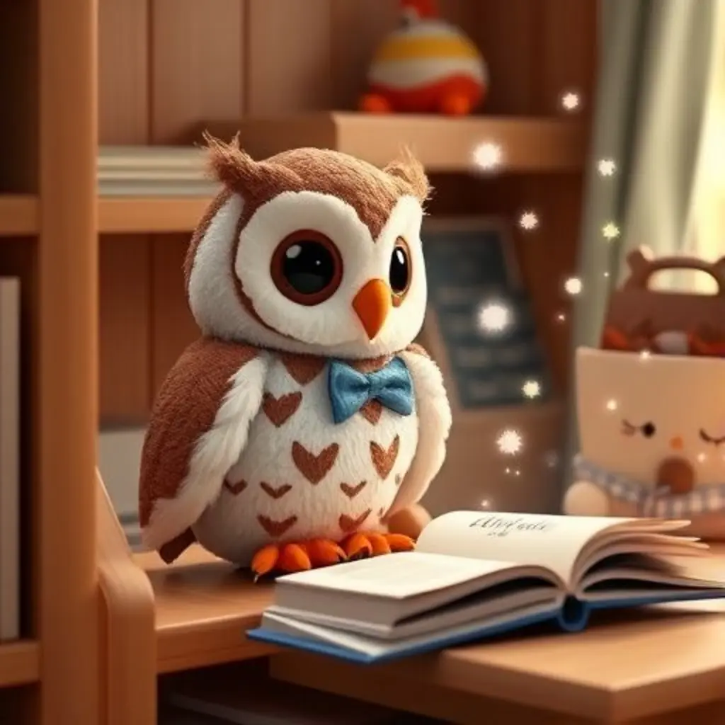 Sabio el búho lanzando destellos de luz que guían a un niño hacia un libro en la mañana.