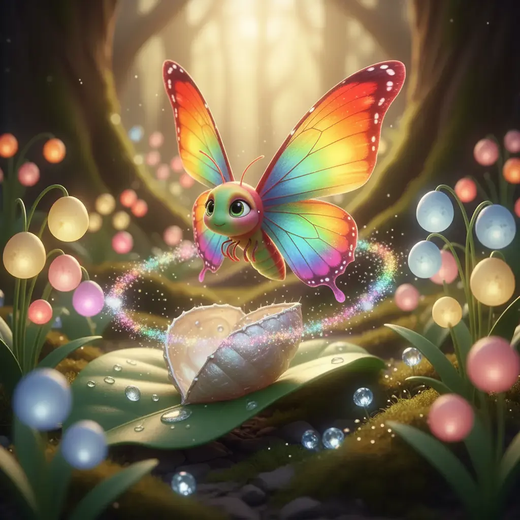 Mariposa Iris emerge con alas de arcoíris, dejando polvo mágico.