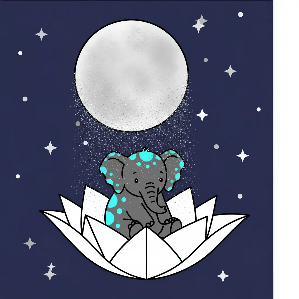 Polvo plateado cae desde la luna sobre el pequeño elefante gris.