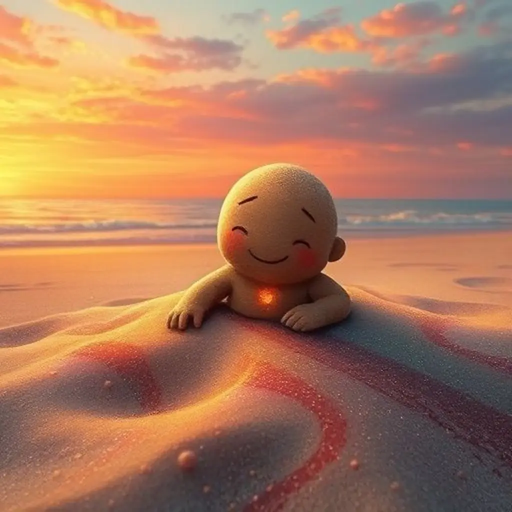 Brillo Arena descansa en la playa, rodeado por un brillante mosaico de colores que él mismo creó.