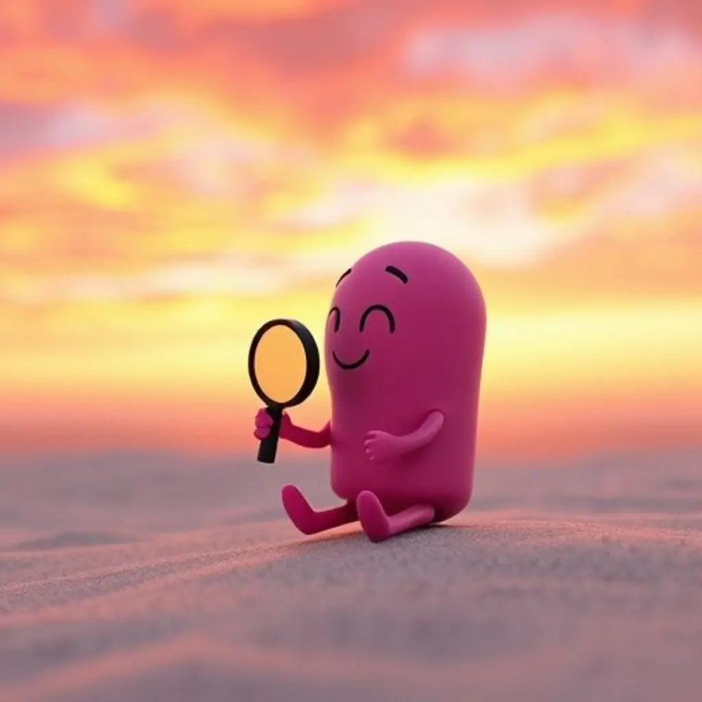 Borrilu, un borrador rosa, sentado en la playa al atardecer, mirando el cielo con su lupa.