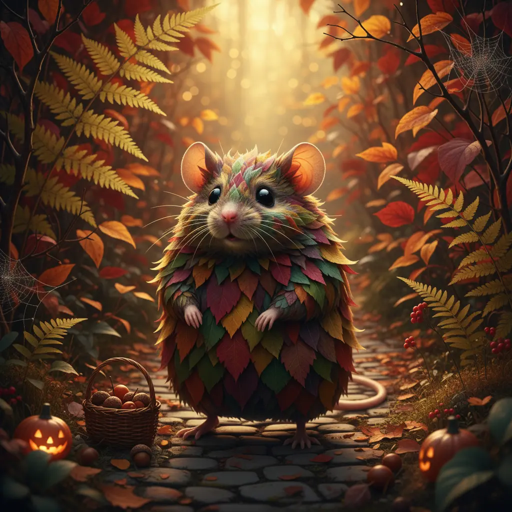 Ratoncito Remiendo con su abrigo de hojas, listo para su aventura en el jardín otoñal.