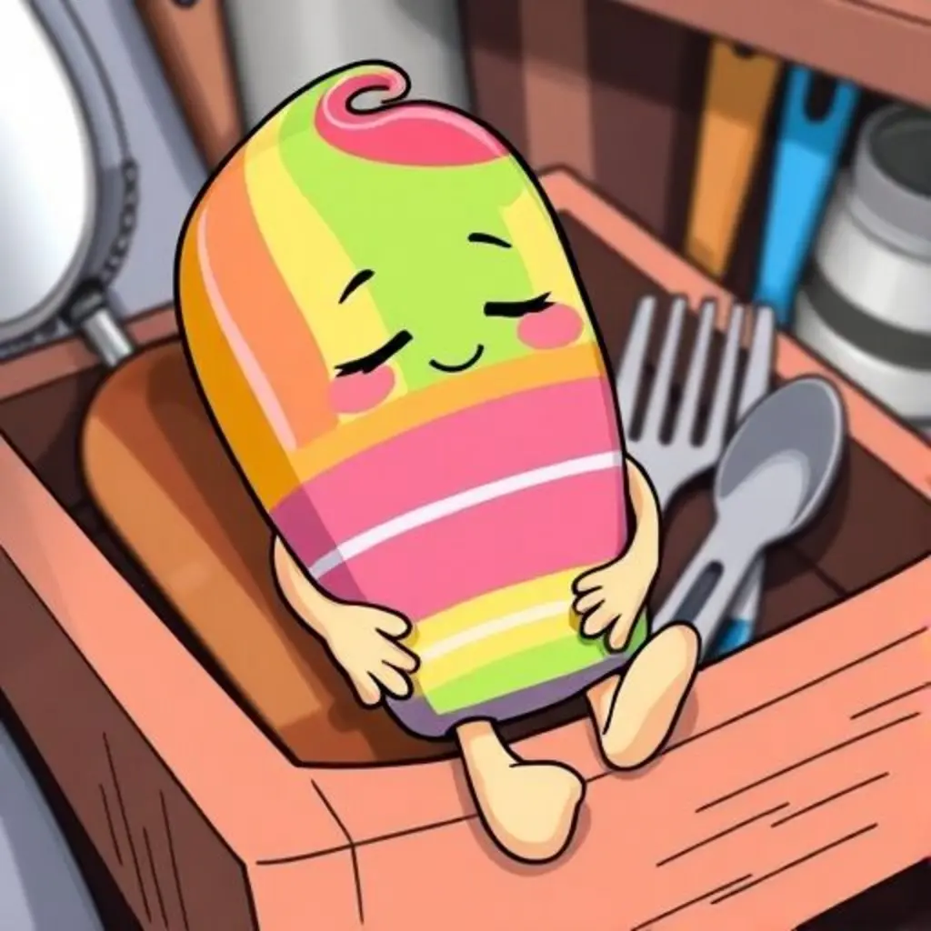 Paleta, una cuchara de helado de colores, descansa en el cajón de la cocina.