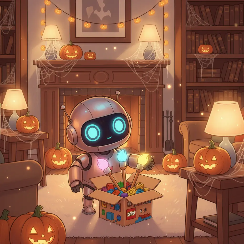 Aspirín, el robot, mira sorprendido una caja de Legos con cepillos de colores.