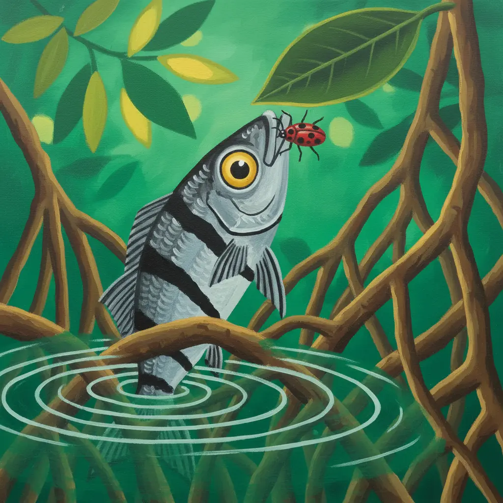 El pez arquero atrapa al escarabajo en la superficie del agua entre ondas circulares.