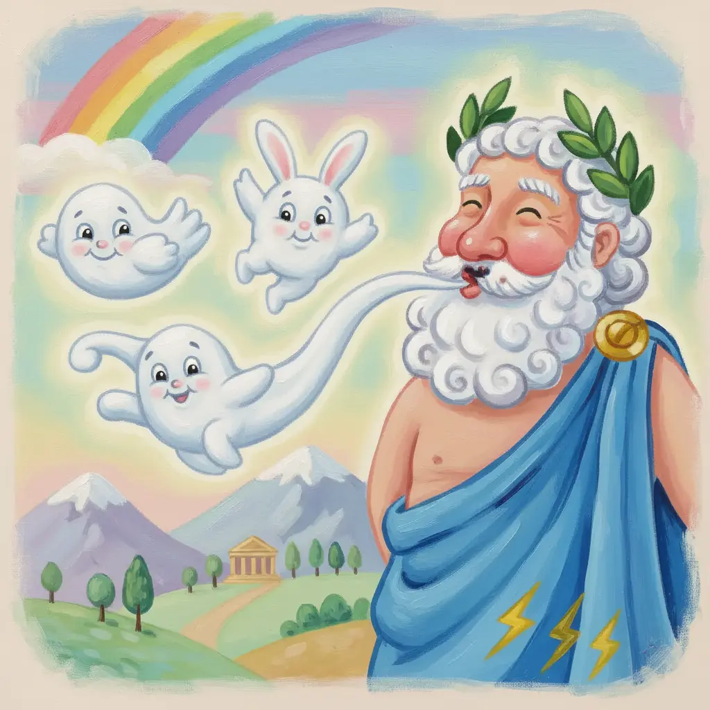 Zeus, el rey del Olimpo, sopla con alegría una nube grande y blanca.