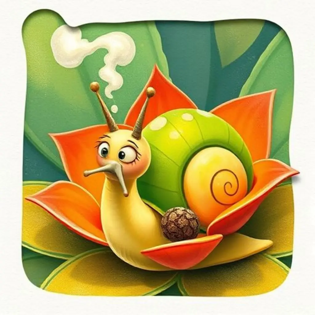 Pip el caracol estornuda divertido por una nubecita de polen brillante de la bromelia naranja.