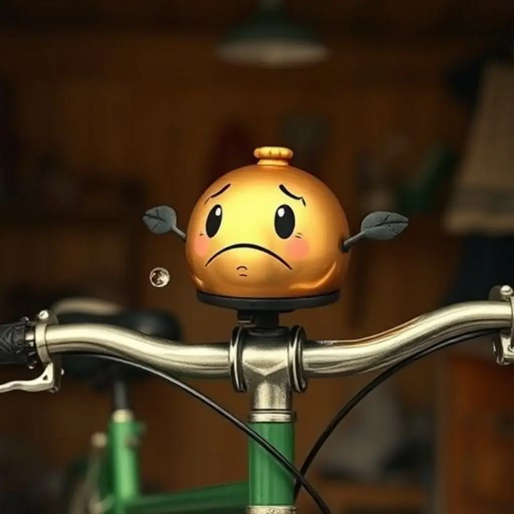 Tilín, la campanita, pensativa en el manillar de la bicicleta en un garaje.